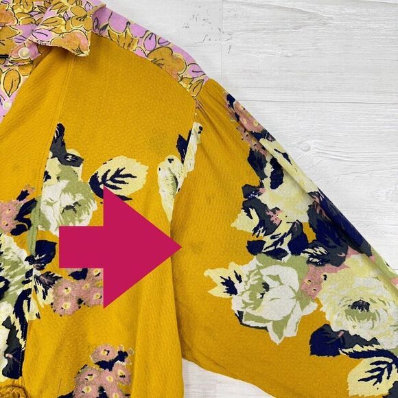Free People Top Size S Brunch A Bunch Floral Tunic Blouse Yellow Oversized - Picture 5 of 14